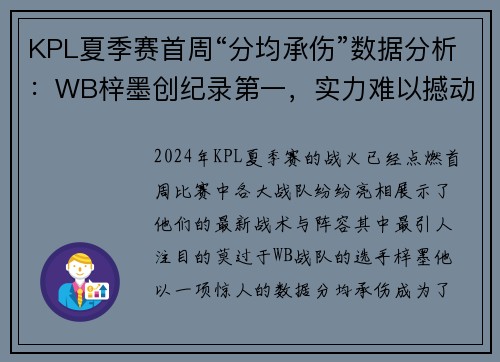 KPL夏季赛首周“分均承伤”数据分析：WB梓墨创纪录第一，实力难以撼动