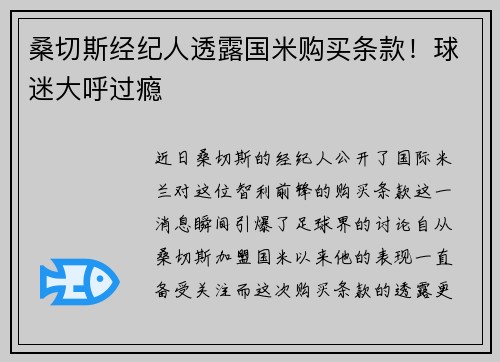 桑切斯经纪人透露国米购买条款！球迷大呼过瘾