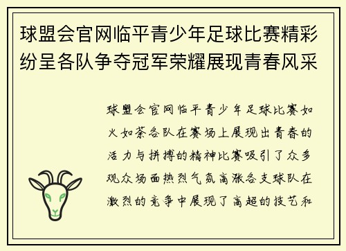 球盟会官网临平青少年足球比赛精彩纷呈各队争夺冠军荣耀展现青春风采