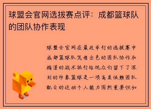 球盟会官网选拔赛点评：成都篮球队的团队协作表现